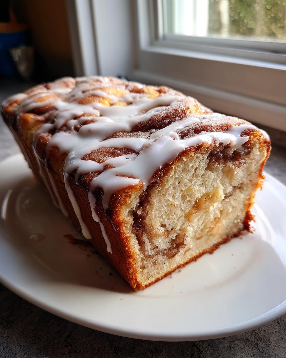 A freshly baked loaf of apple fritter bread, sliced to show the cinnamon swirl and topped with white glaze.
