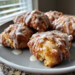 A close-up of several golden brown baked apple fritters drizzled generously with white glaze, sitting on a gray plate.