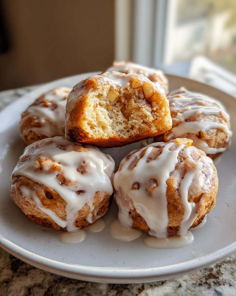 A plate holding several golden baked apple fritters generously drizzled with white vanilla glaze.