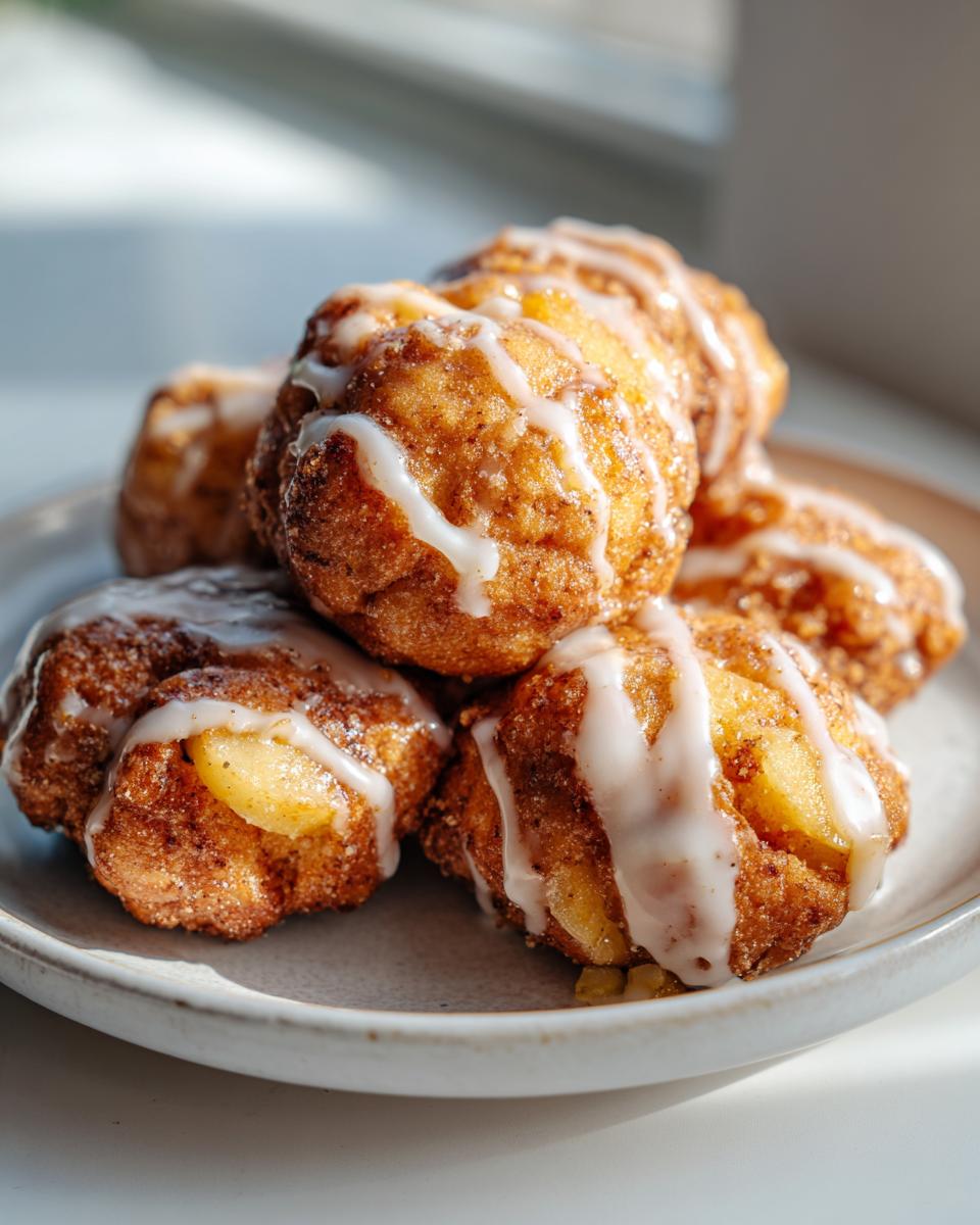A close-up of several golden brown baked apple fritters drizzled with white vanilla glaze, stacked on a light plate.