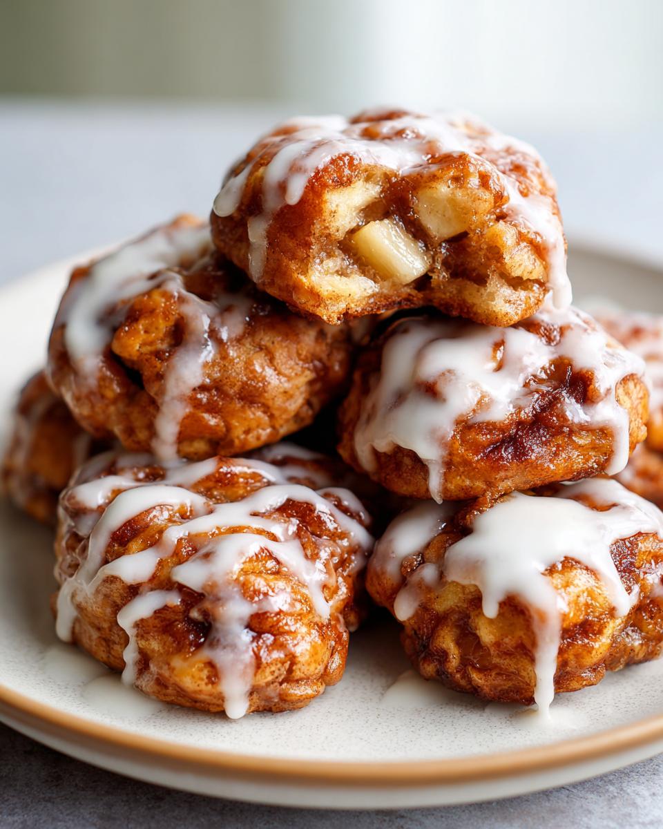 A stack of golden brown baked apple fritters drizzled generously with white vanilla glaze.
