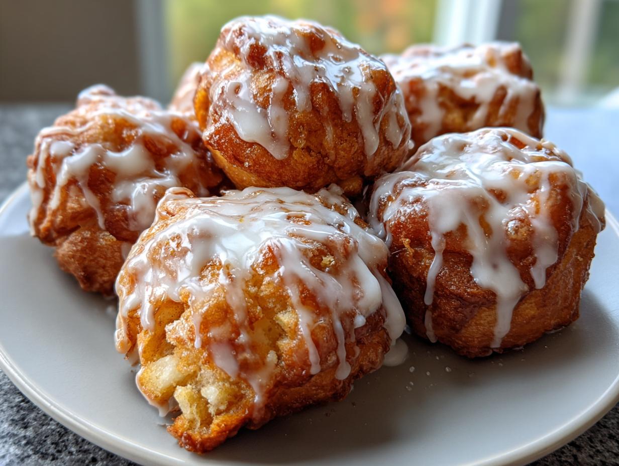 Close-up of several golden brown baked apple fritters drizzled generously with white vanilla glaze.