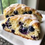 Two slices of moist blueberry scones with a thick vanilla glaze drizzled on top, showing the texture and fruit inside.