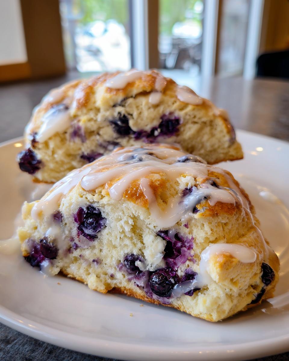 Two halves of freshly baked blueberry scones, loaded with fruit and drizzled with white icing, sitting on a white plate.
