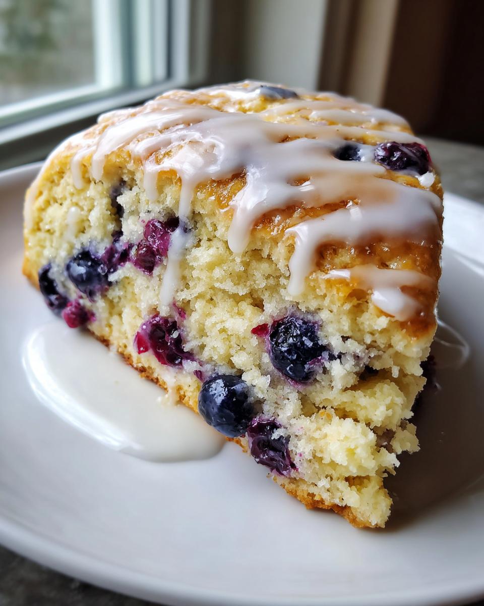 Close-up of a moist blueberry scone slice topped with thick white glaze, rich with fresh blueberries.