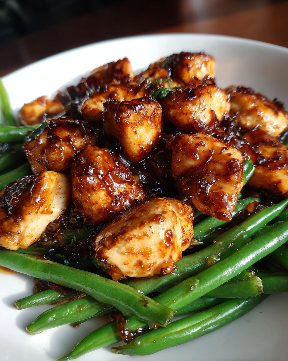 Close-up of bite-sized pieces of glazed chicken served over bright green beans, a perfect chicken and green beans meal.