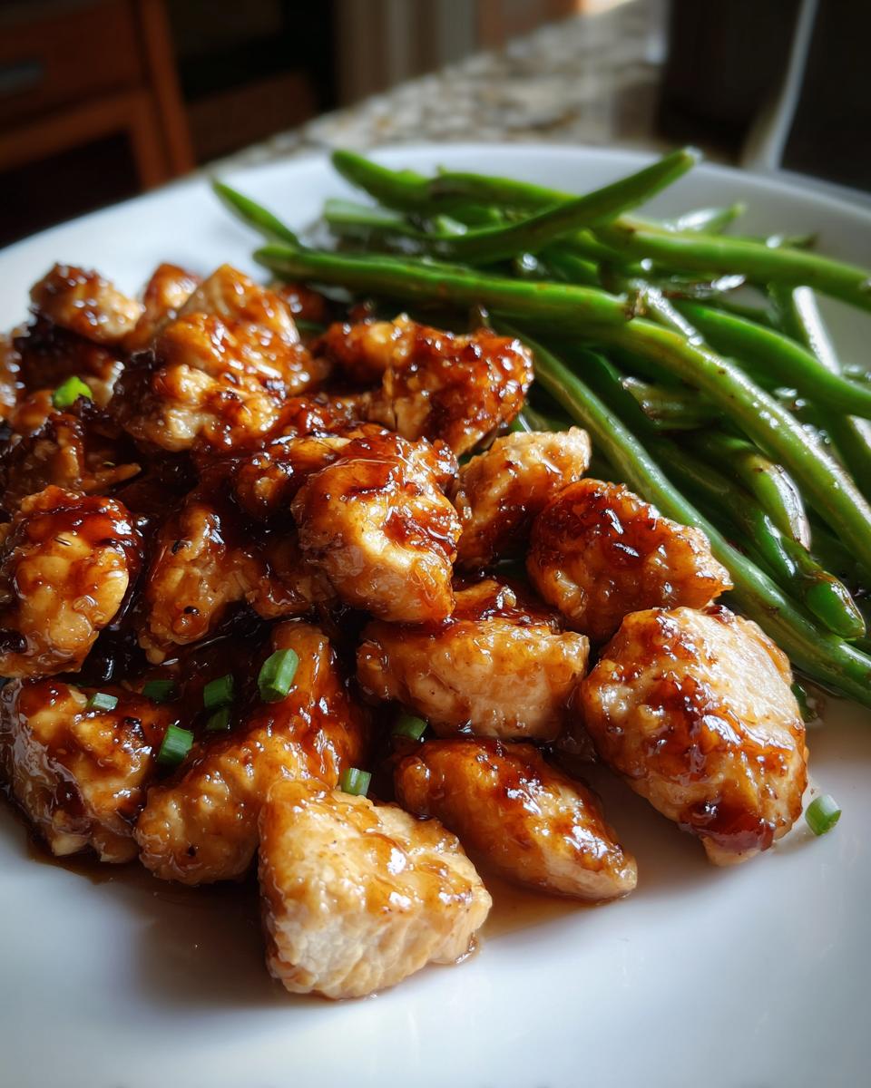 Close-up of glazed chicken bites served next to bright green beans, a perfect chicken and green beans dish.