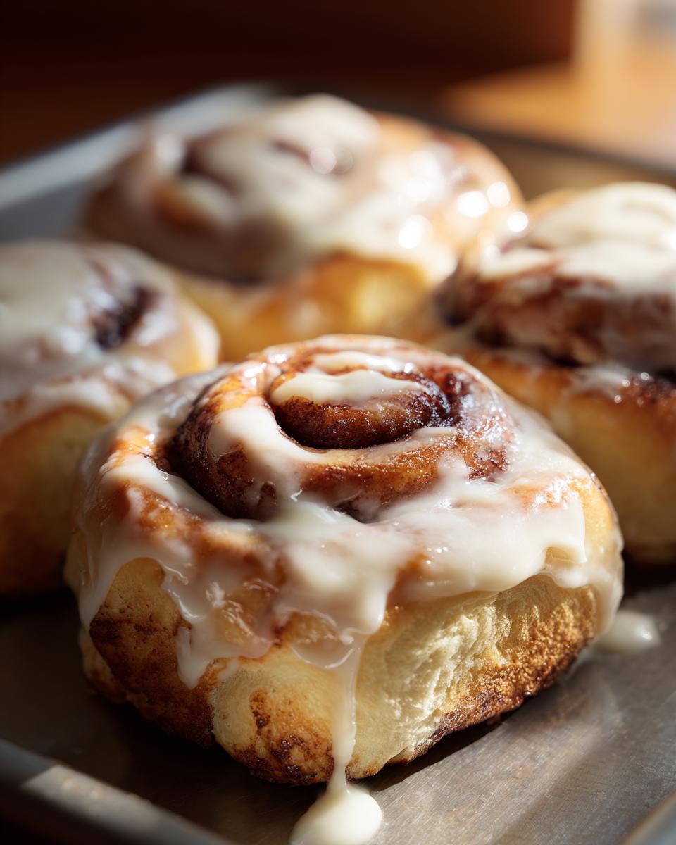 A close-up shot of a freshly baked cinnamon roll covered in thick white icing dripping down the side.