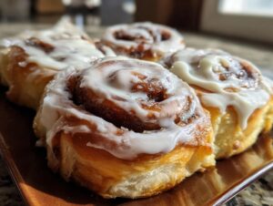 Four freshly baked cinnamon roll pastries covered in thick white icing, displayed closely on a wooden tray.