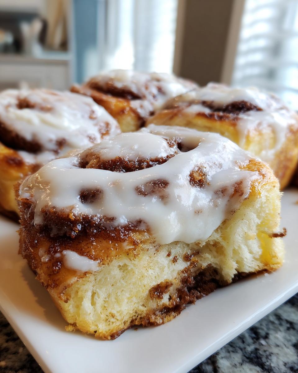 Close-up of a fluffy, iced cinnamon roll with a bite taken out, showing the soft interior and rich cinnamon swirl.