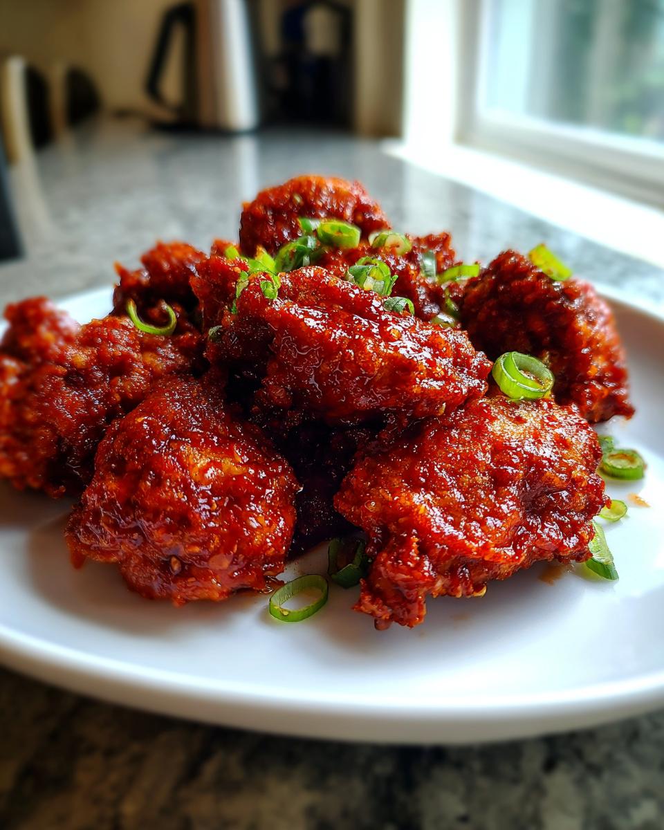 Close-up of a plate piled high with glossy, deep red korean fried chicken pieces, garnished with sliced green onions.