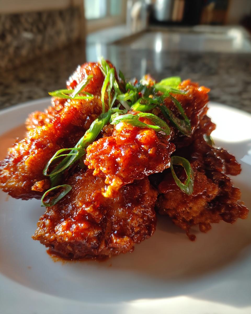Close-up of sticky, glazed korean fried chicken pieces garnished with fresh sliced green onions on a white plate.
