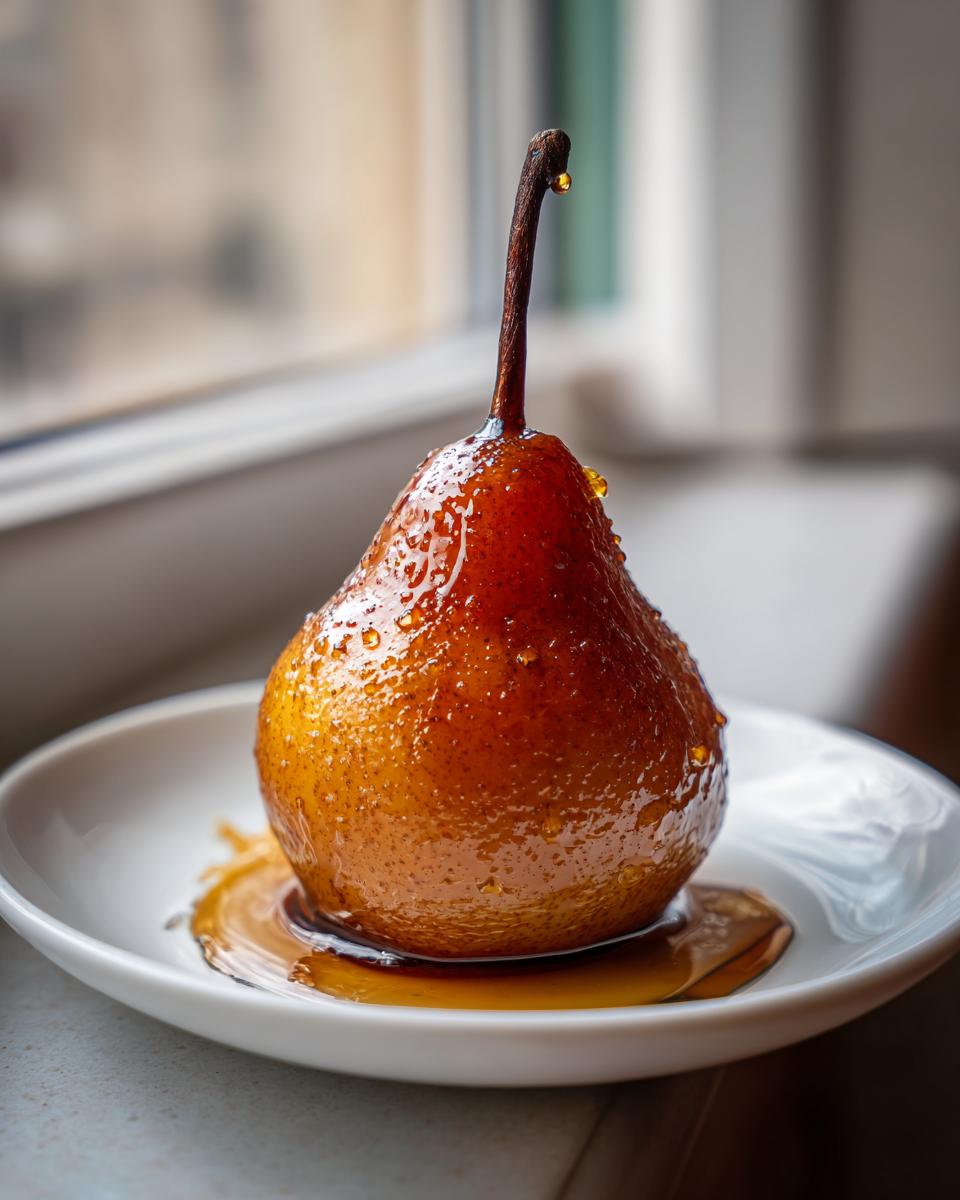 A single, glistening, caramelized poached pear sitting in a pool of syrup on a white dish.
