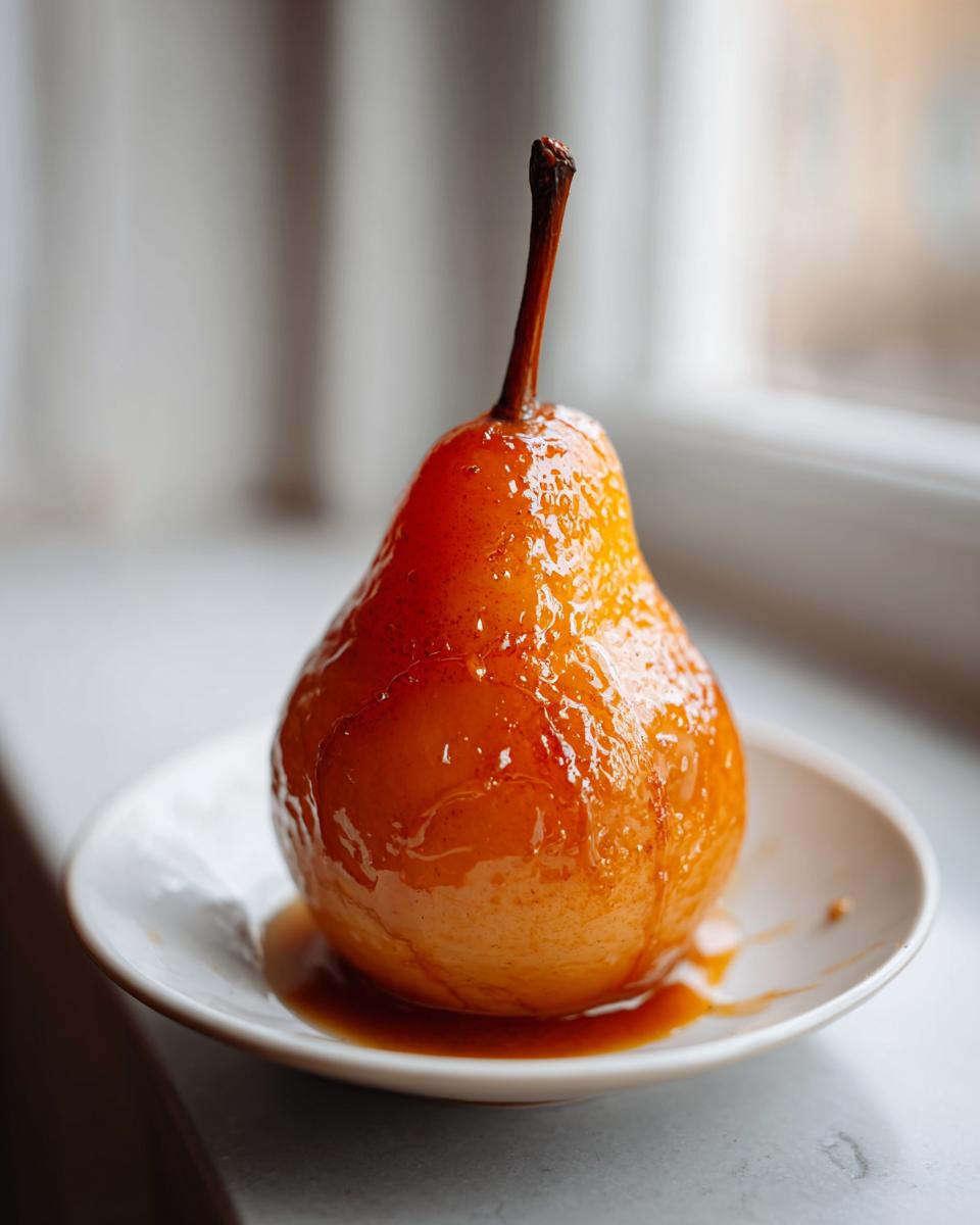 A single, beautifully caramelized poached pear, glistening with syrup, served on a small white saucer.
