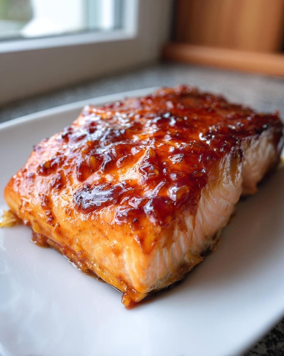 A perfectly cooked, thick fillet of salmon topped with a shiny, dark glaze, sitting on a white plate.