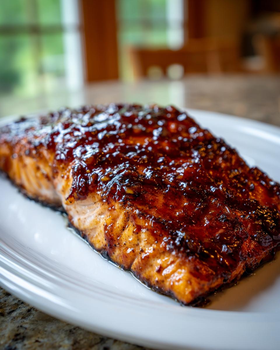 Close-up of a perfectly cooked, glazed salmon fillet resting on a white plate.