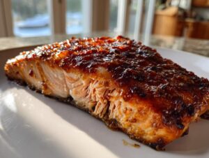 Close-up of a perfectly cooked, glazed salmon fillet showing flaky texture and rich color.