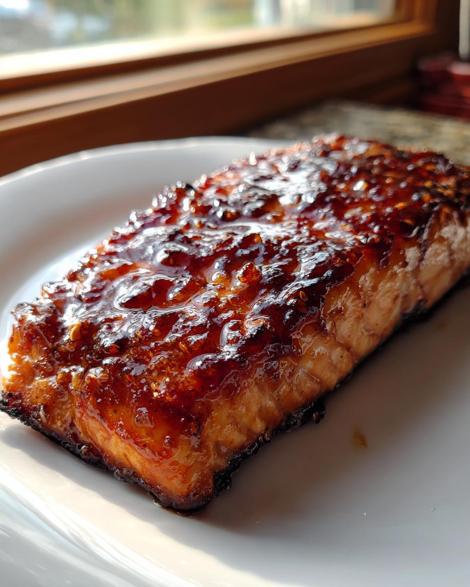 Close-up of a perfectly cooked salmon fillet with a thick, shiny, dark glaze, resting on a white plate.