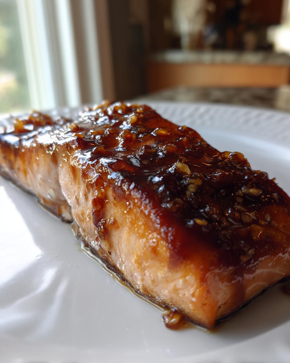 Close-up of a perfectly cooked salmon fillet topped with a thick, glossy, dark brown glaze containing minced garlic.
