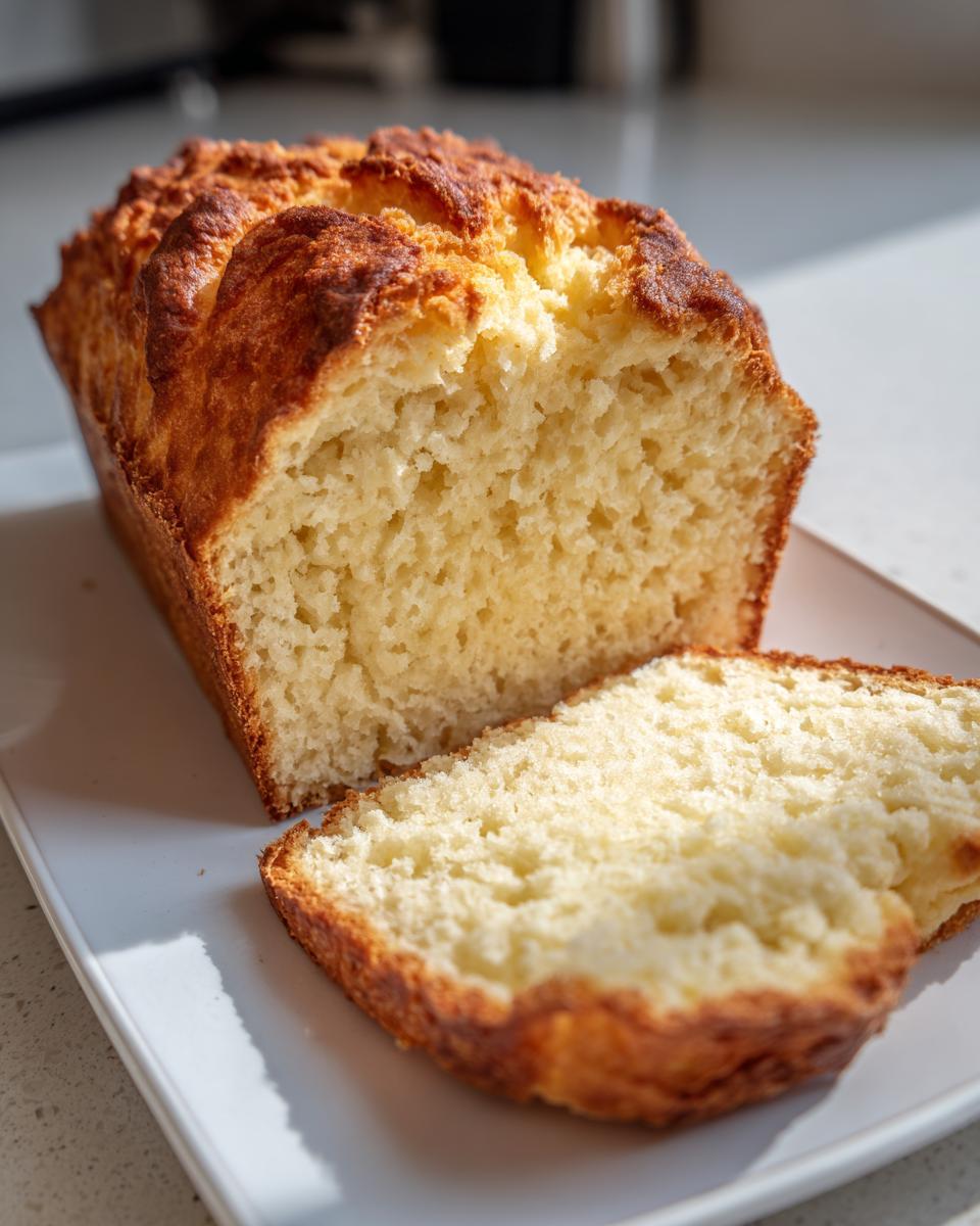 A golden brown loaf of homemade beer bread, partially sliced, showing the soft, airy interior texture.