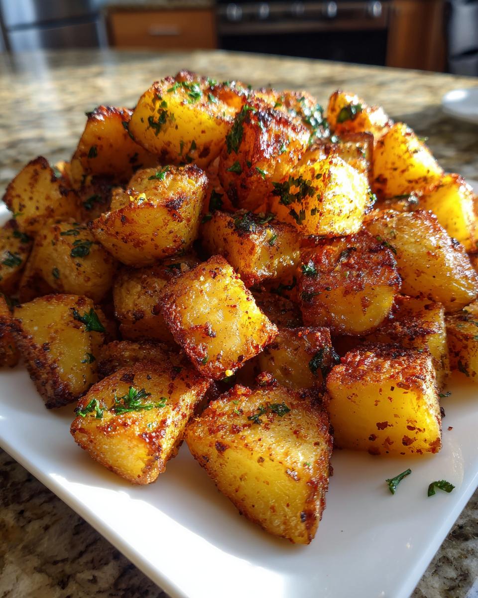 A close-up of perfectly seasoned and crispy golden brown breakfast potatoes piled high on a white serving dish.