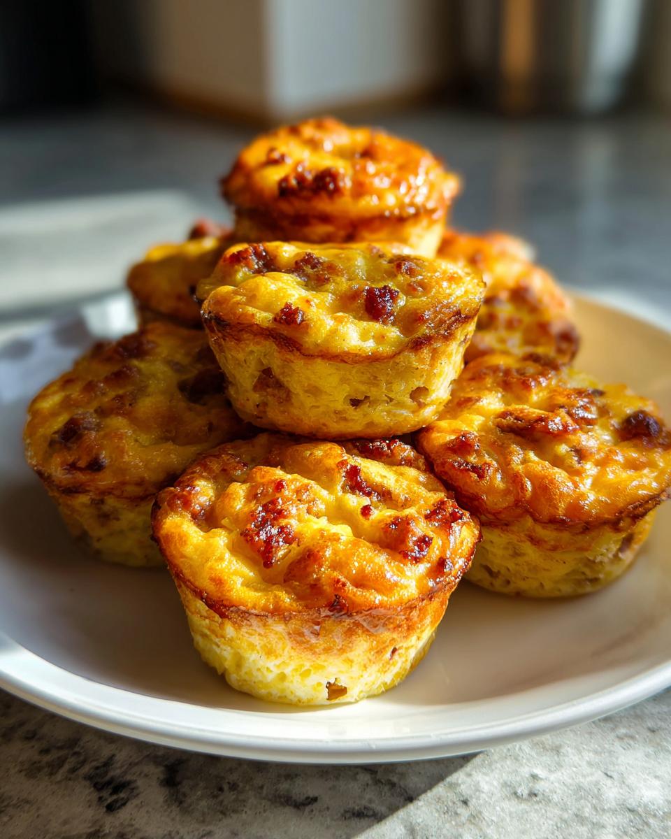 A stack of golden brown, baked egg bites with visible bits of meat or vegetables, perfect for meal prep.