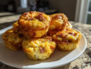 A stack of golden brown, baked egg bites, perfect for meal prep, sitting on a white plate.
