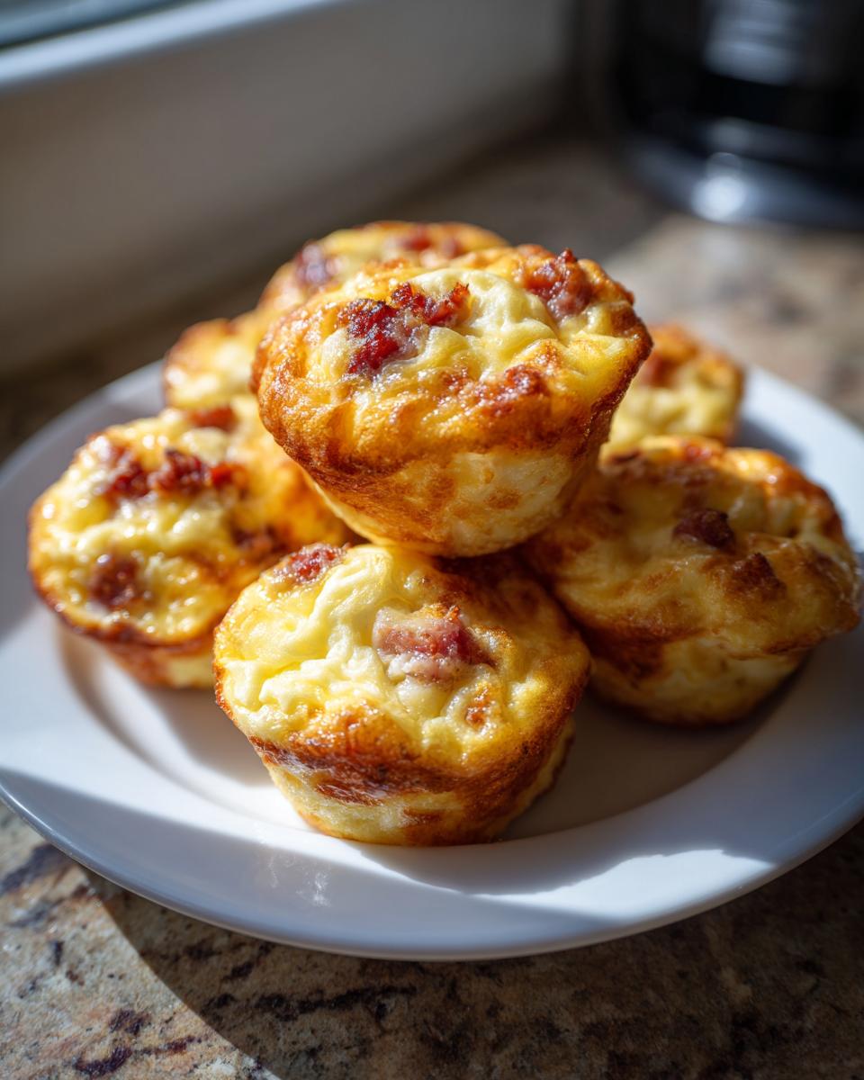 A stack of golden brown, baked egg bites with bits of meat on a white plate, perfect for meal prep.