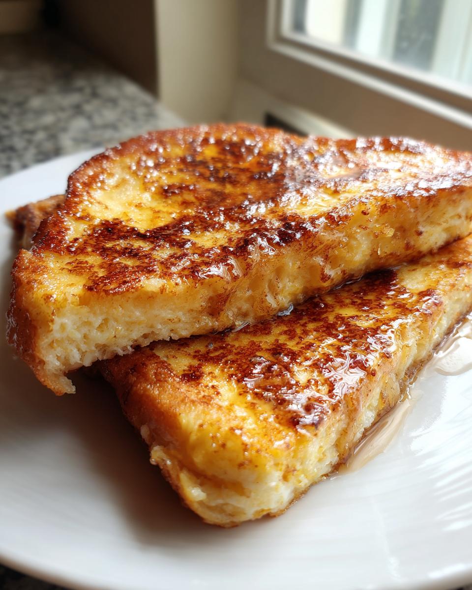 Close-up of two thick slices of golden brown french toast drizzled with syrup on a white plate.