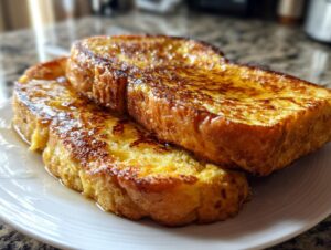 Close-up of two thick slices of golden brown french toast drizzled with syrup on a white plate.