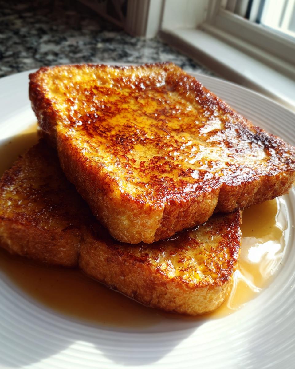 Close-up of two thick slices of golden brown french toast drizzled generously with syrup on a white plate.