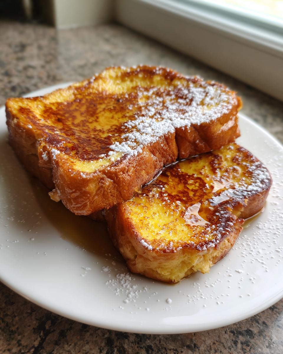 Two thick slices of golden brown french toast drizzled with syrup and dusted with powdered sugar.