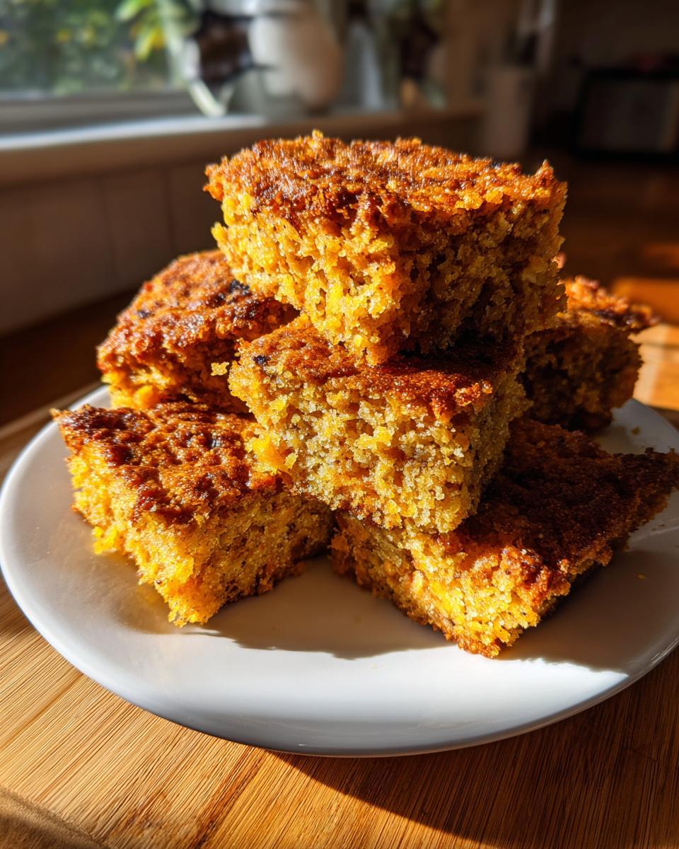 A stack of golden brown, textured squares of fried cornbread piled on a white plate.