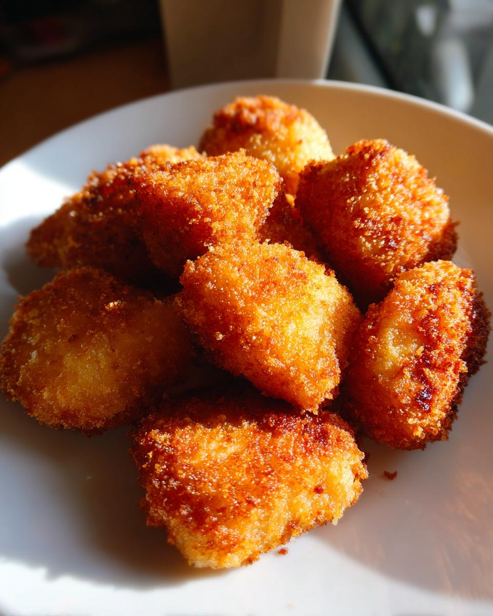 A close-up of several perfectly golden brown homemade chicken nuggets piled on a white plate.