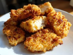 A close-up of several crispy, golden homemade chicken nuggets piled on a white plate.