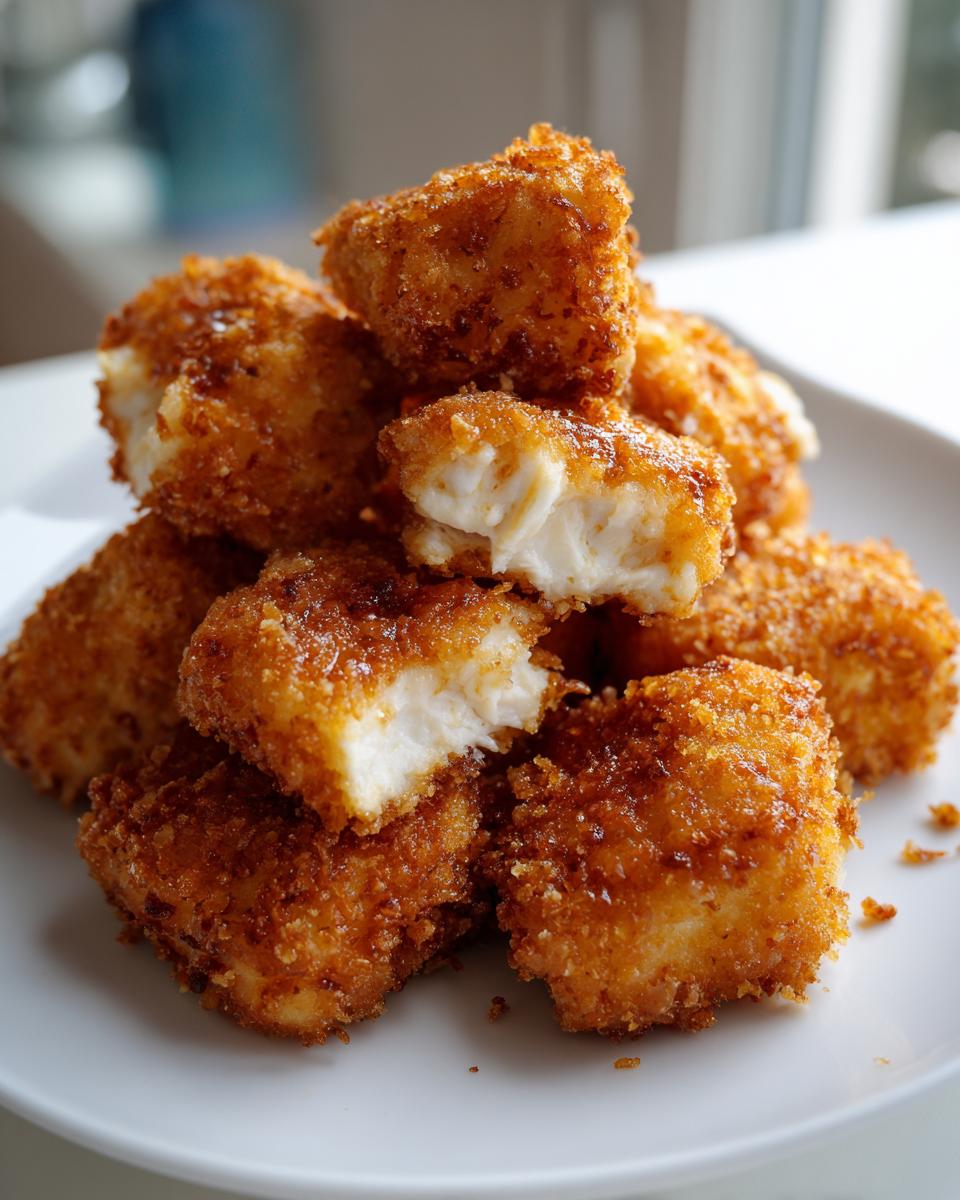 A stack of golden brown, crispy homemade chicken nuggets on a white plate, one nugget broken open showing white meat.