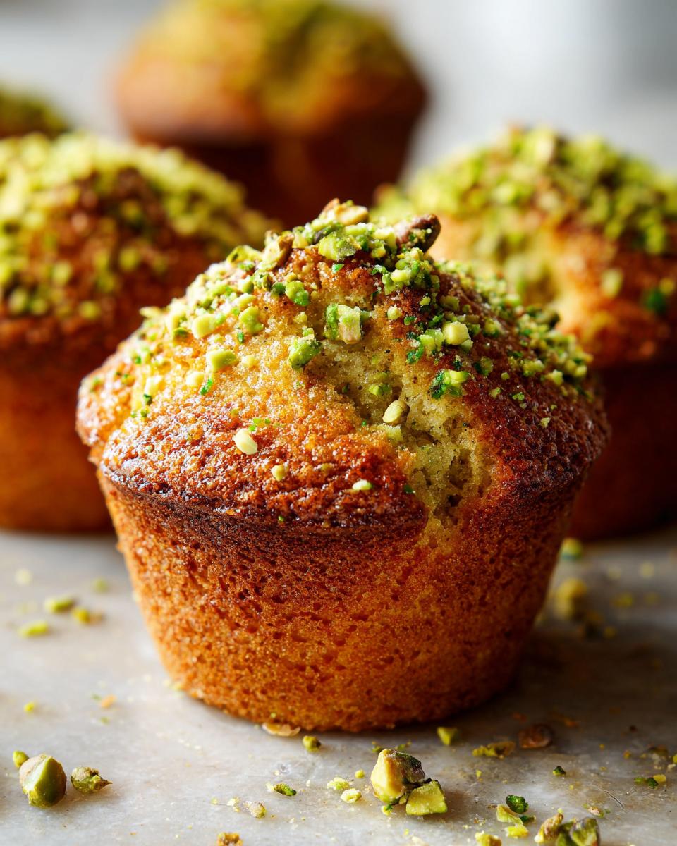 Close-up of a freshly baked, golden-brown pistachio muffin topped generously with chopped green pistachios.