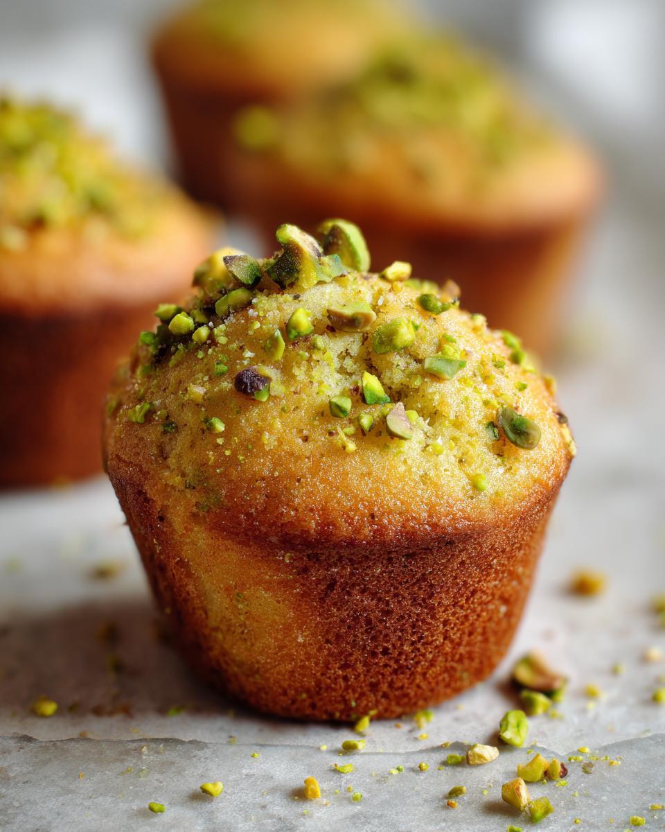 A close-up, shallow depth-of-field photo of a golden baked pistachio muffin topped generously with chopped green pistachios.