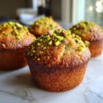 Close-up of four golden-brown pistachio muffins topped generously with bright green chopped pistachios.