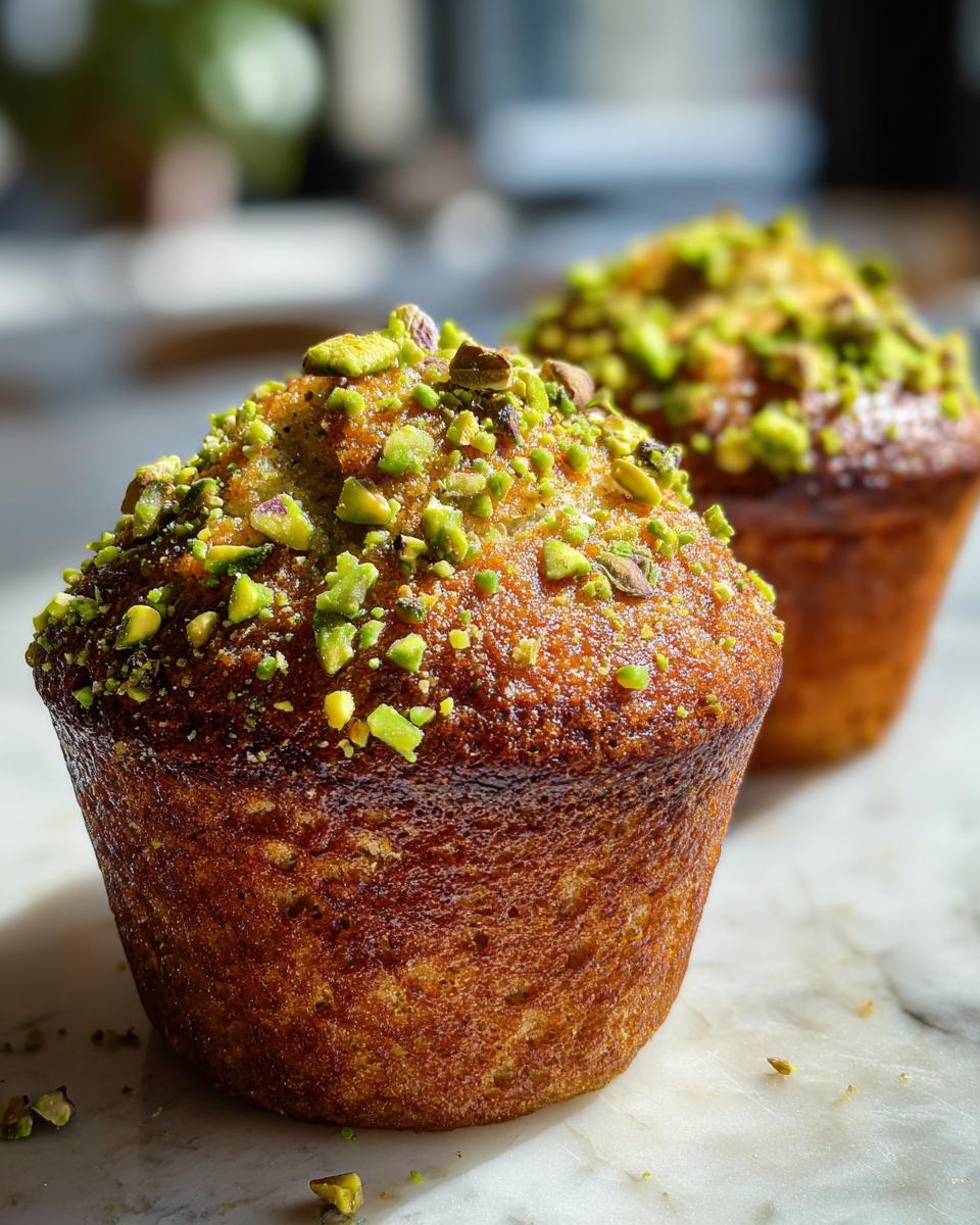 Close-up of two golden brown pistachio muffins generously topped with bright green chopped pistachios.
