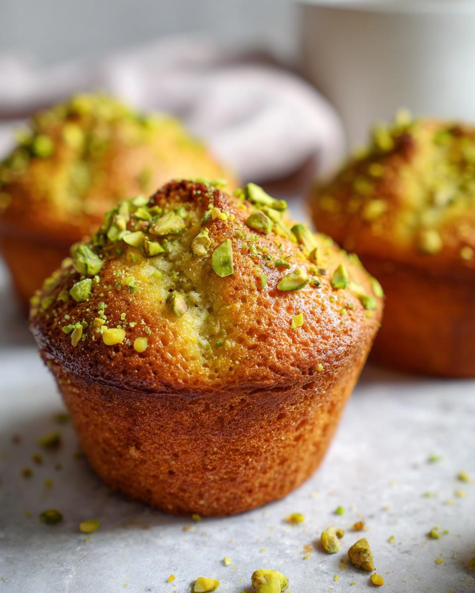 Close-up of a golden brown pistachio muffin generously topped with bright green chopped pistachios.