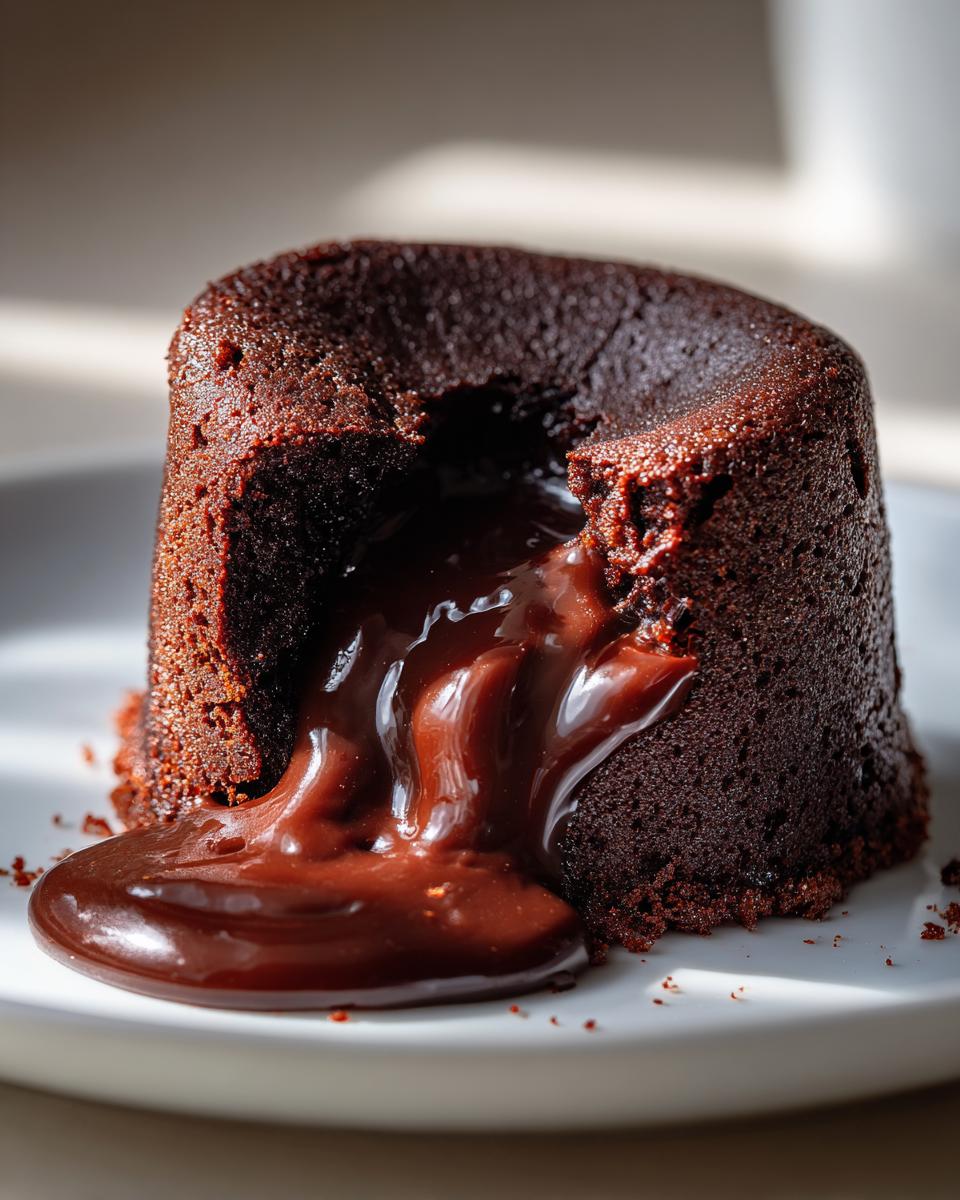 Close-up of a rich chocolate lava cake with molten center oozing onto a white plate.