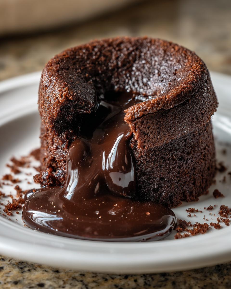 Close-up of a freshly baked chocolate lava cake with molten chocolate oozing out onto a white plate.