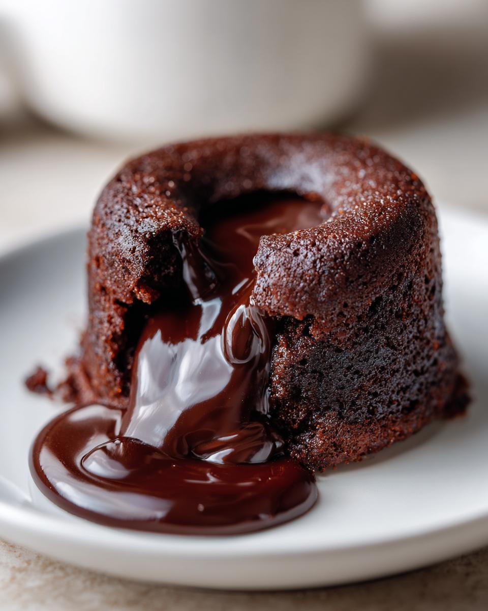 Close-up of a warm chocolate lava cake with molten center oozing onto a white plate.