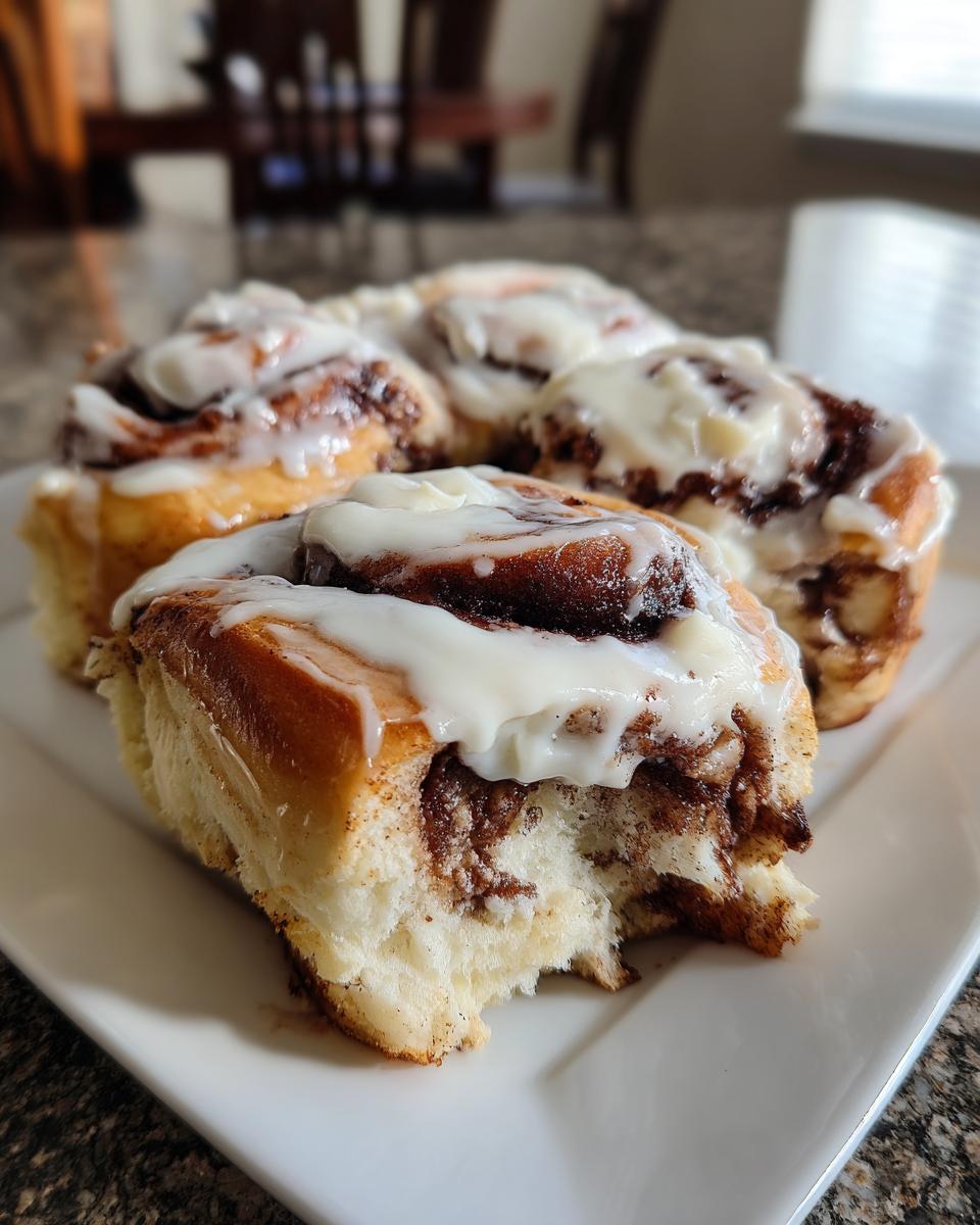 Close-up of several gooey, frosted cinnamon rolls on a white plate, one having a bite taken out.