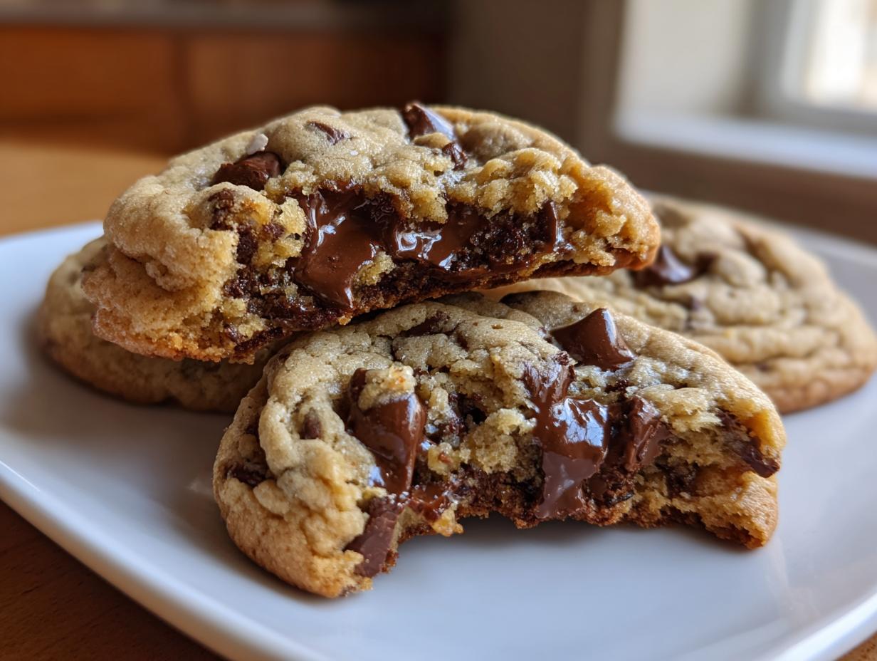 Close-up of broken vegan chocolate chip cookies showing melted, gooey chocolate centers on a white plate.