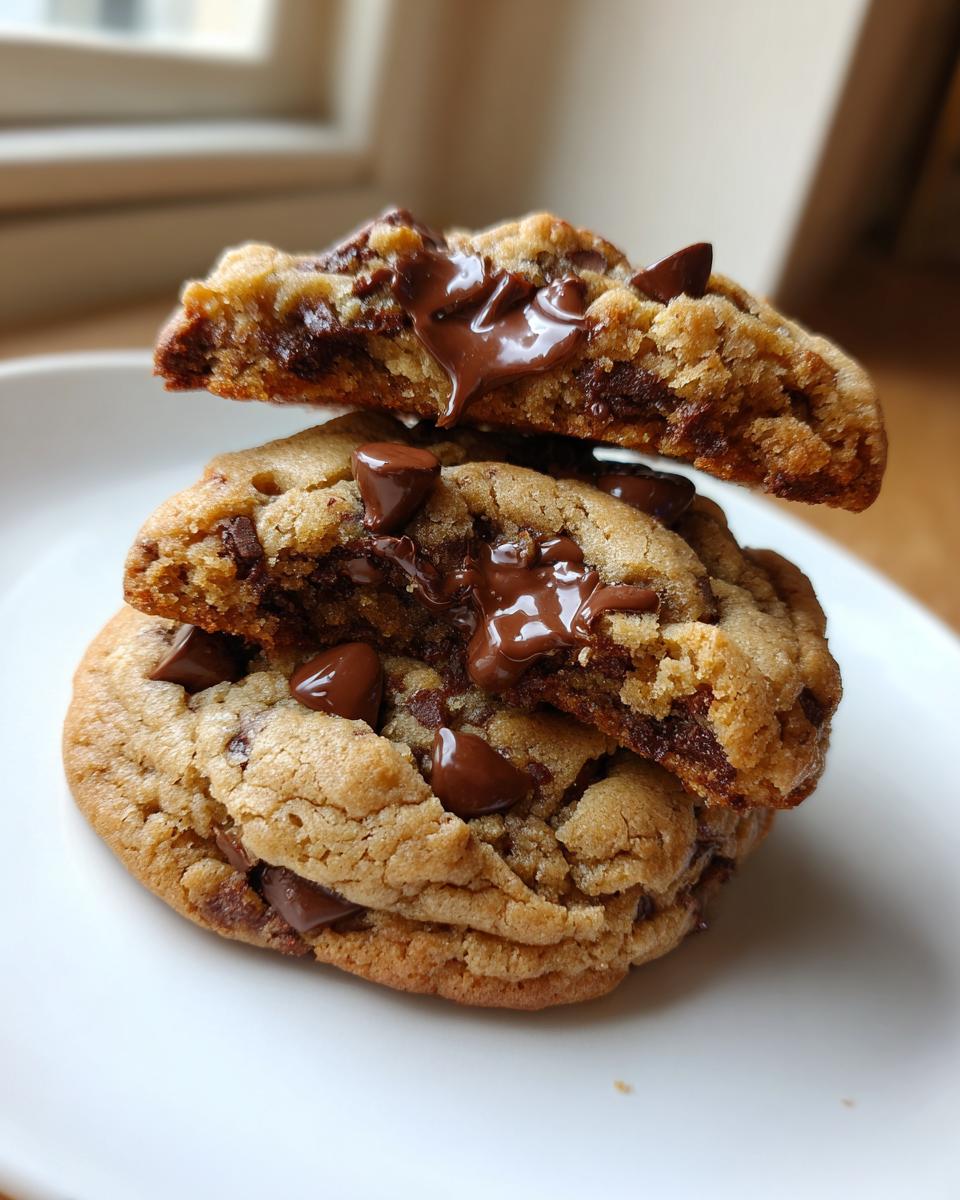 Stack of three vegan chocolate chip cookies, with the top two broken open to show the gooey, melted chocolate center.