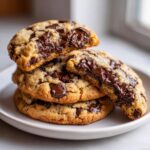 A stack of four gooey vegan chocolate chip cookies, one broken open to show melted chocolate.