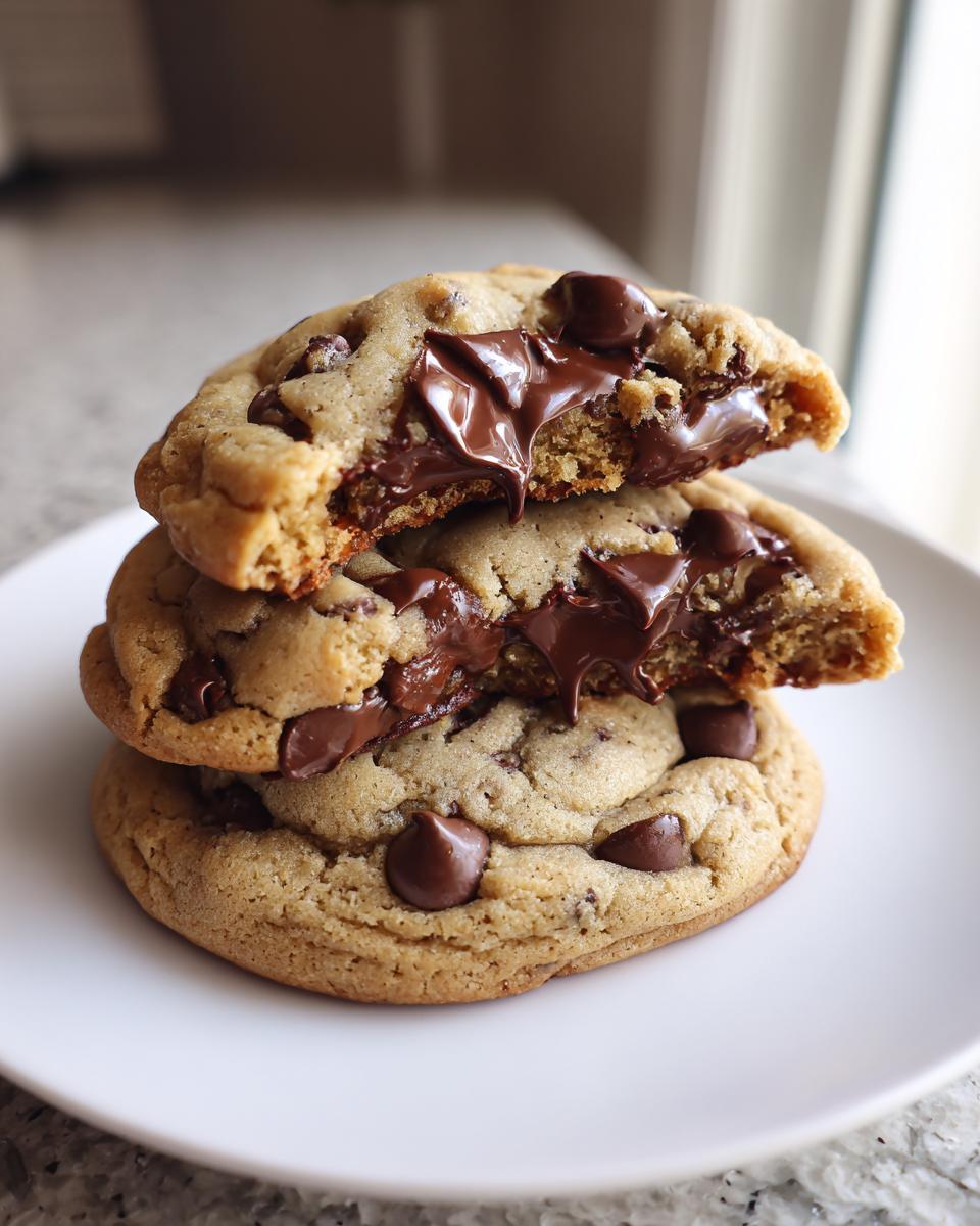 Stack of three gooey vegan chocolate chip cookies, with the top two broken open to show melted chocolate.