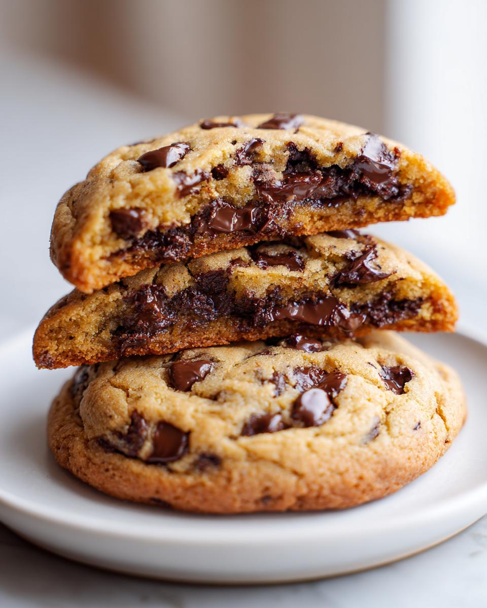 Close-up of three stacked vegan chocolate chip cookies, showing the gooey, melted chocolate center of the top two halves.
